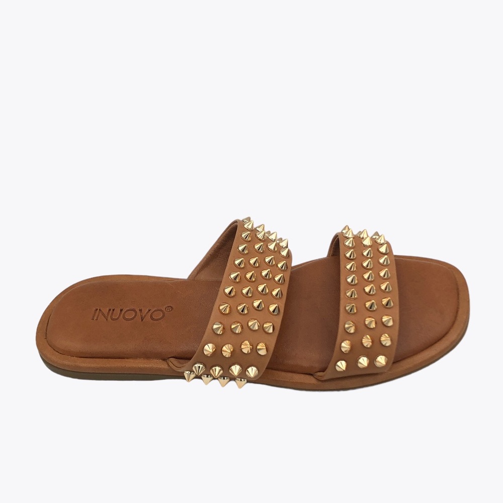 Inuovo Tan Studded Slide Sandals Gold Spike Flat Leather  Size 37 Boho Edgy